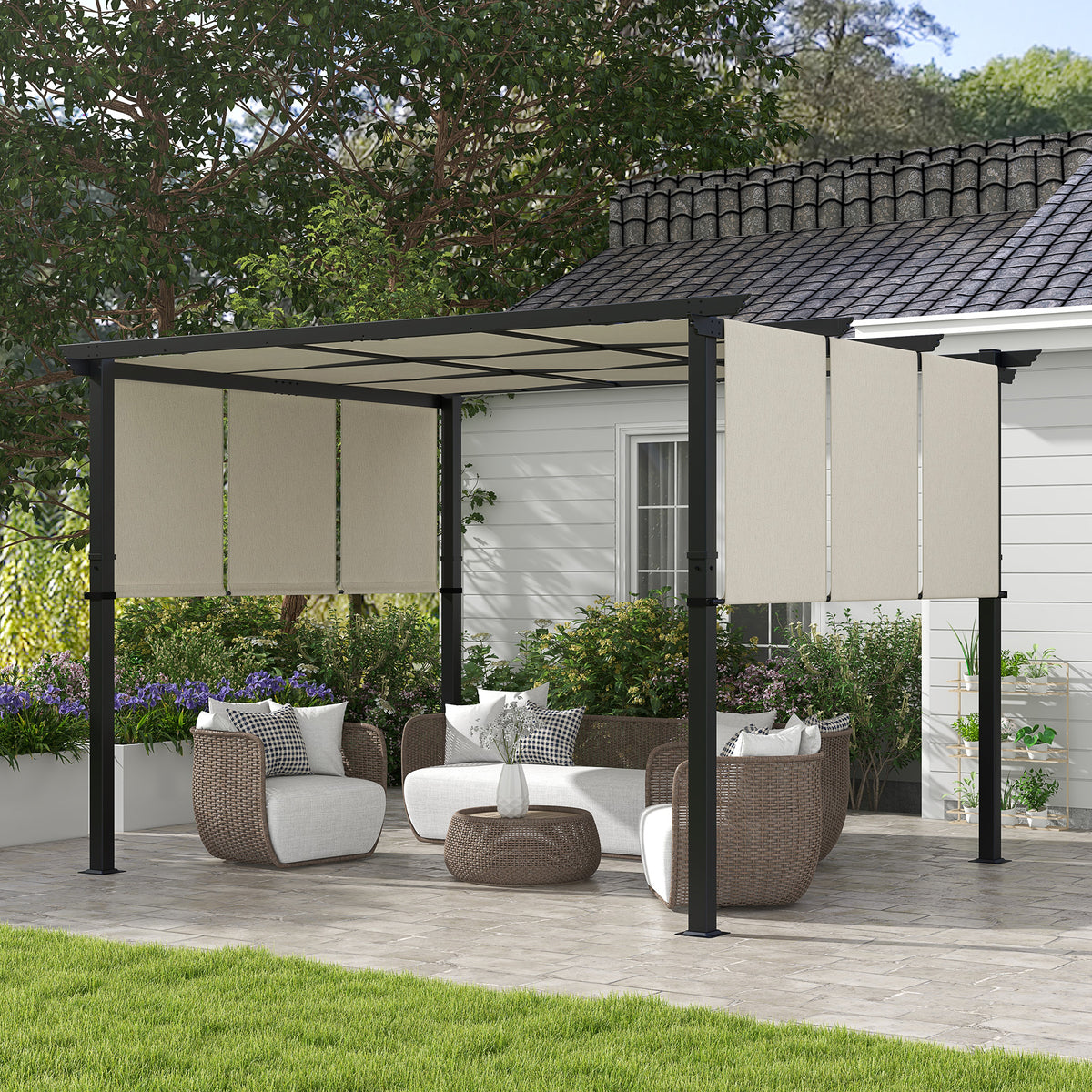 Markise Sonnenschutz. Pergola, wetterbeständig, inkl. Befestigungsmaterial, 3 x 3,5 m, Beige