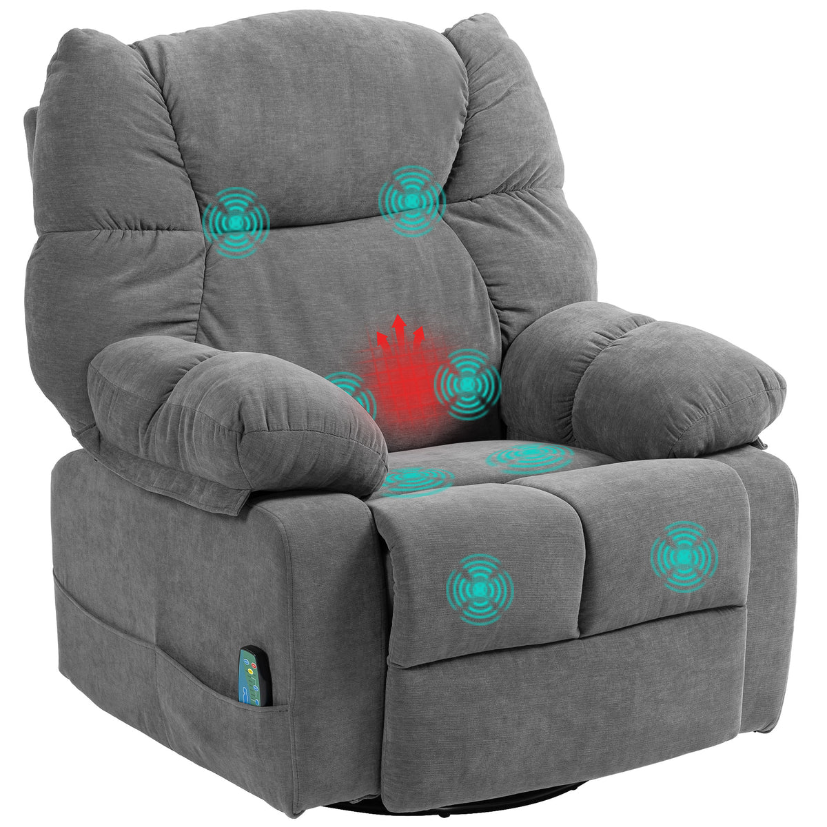 Relaxsessel mit Massagefunktion, Liegefunktion, Drehbarer Massagesessel, 4 Seitentaschen und Fernbedienung, Dunkelgrau