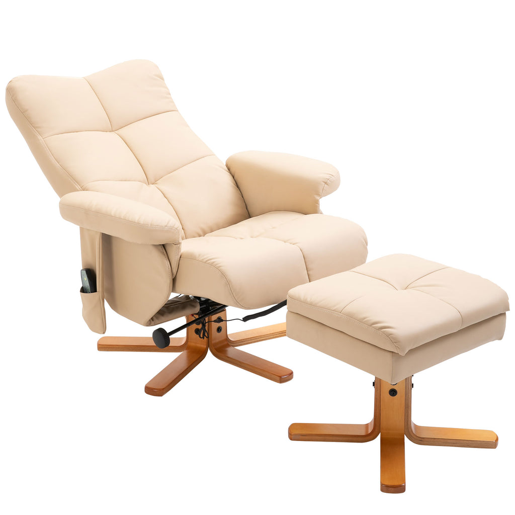 Relaxsessel mit Hocker, 360°drehbarer Fernsehsessel mit Massage, Liegefunktion, Massagesessel mit Seitentasche, TV-Sessel, Kunstleder für Wohnzimmer Cremeweiß