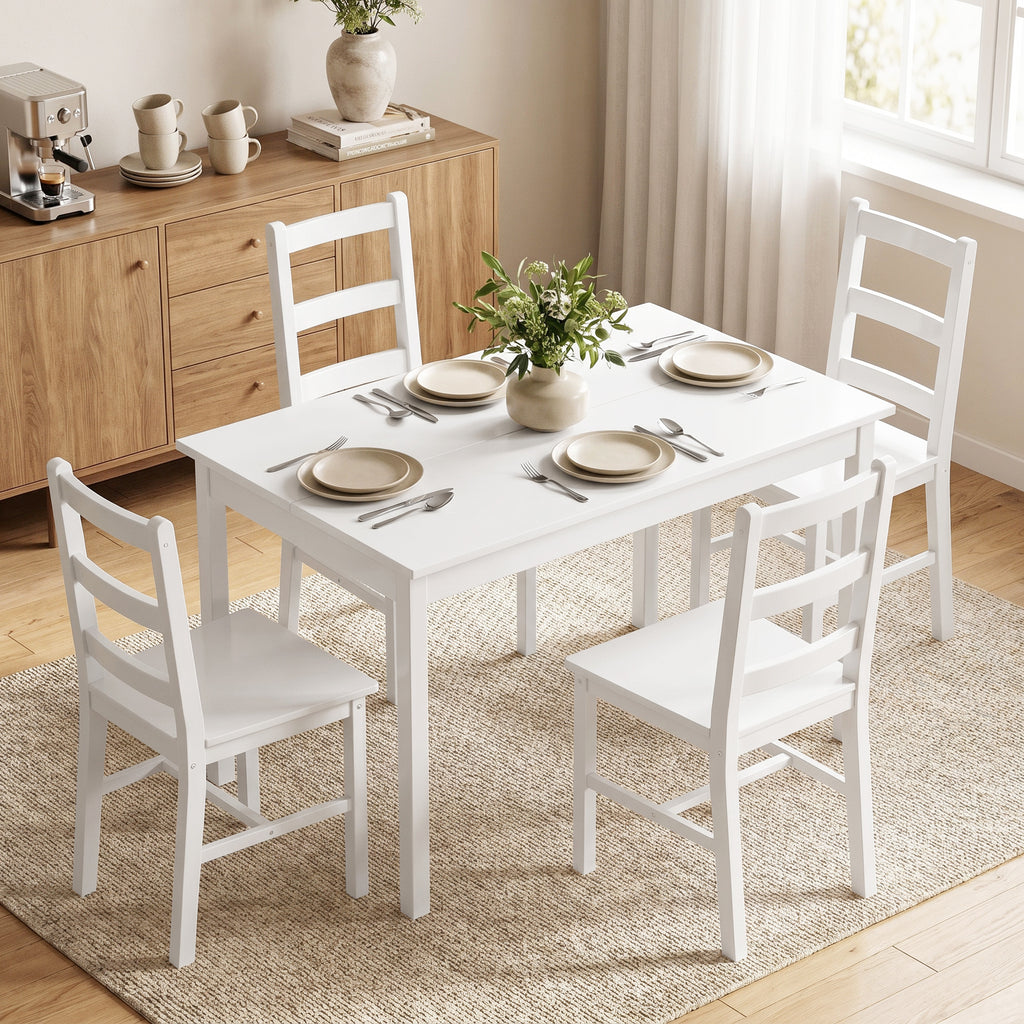 5-teiliges Esszimmer-Set für 4 Personen, rechteckiger Esstisch und Stühle aus massivem Holz, für kleine Räume, Weiß