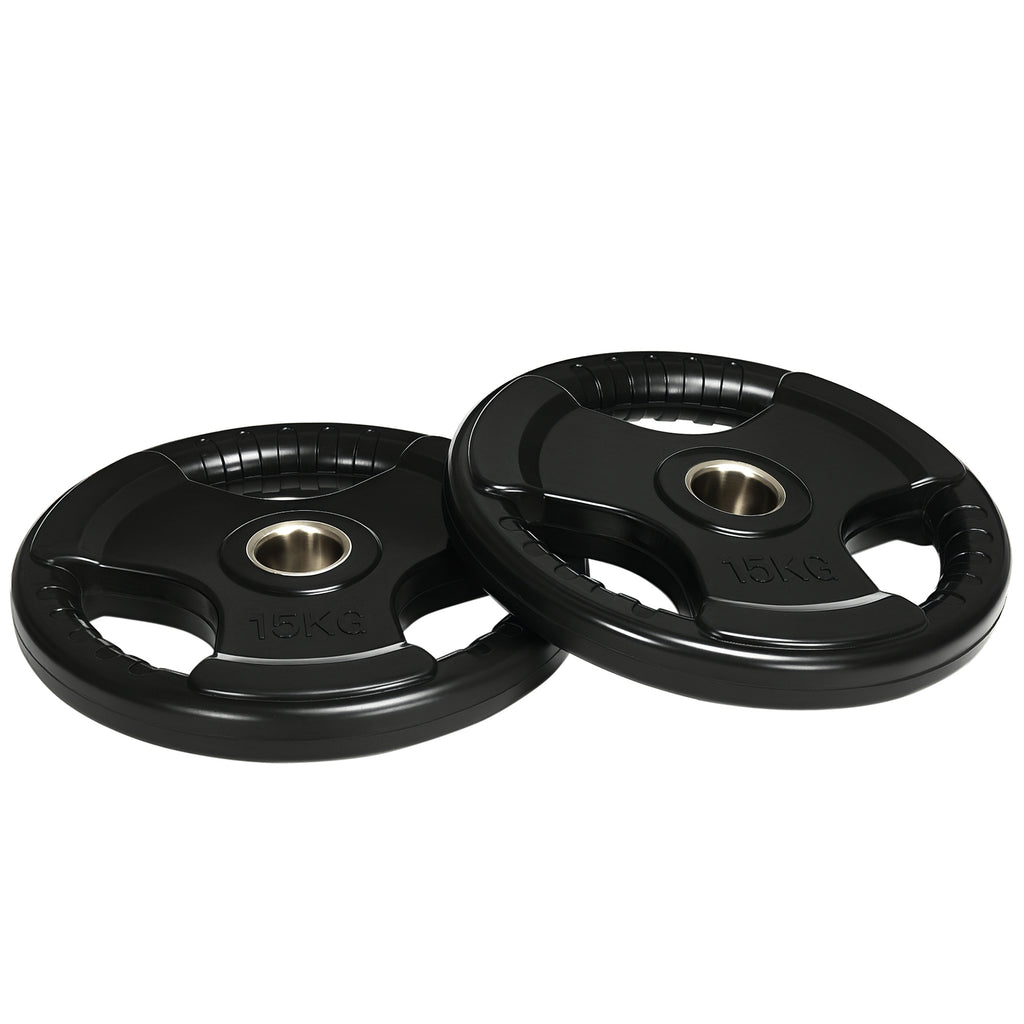 Hantelscheibe, 2er-Set, 15 kg pro Scheibe, drei Griffe, bodenschonender Gummimantel, Metall