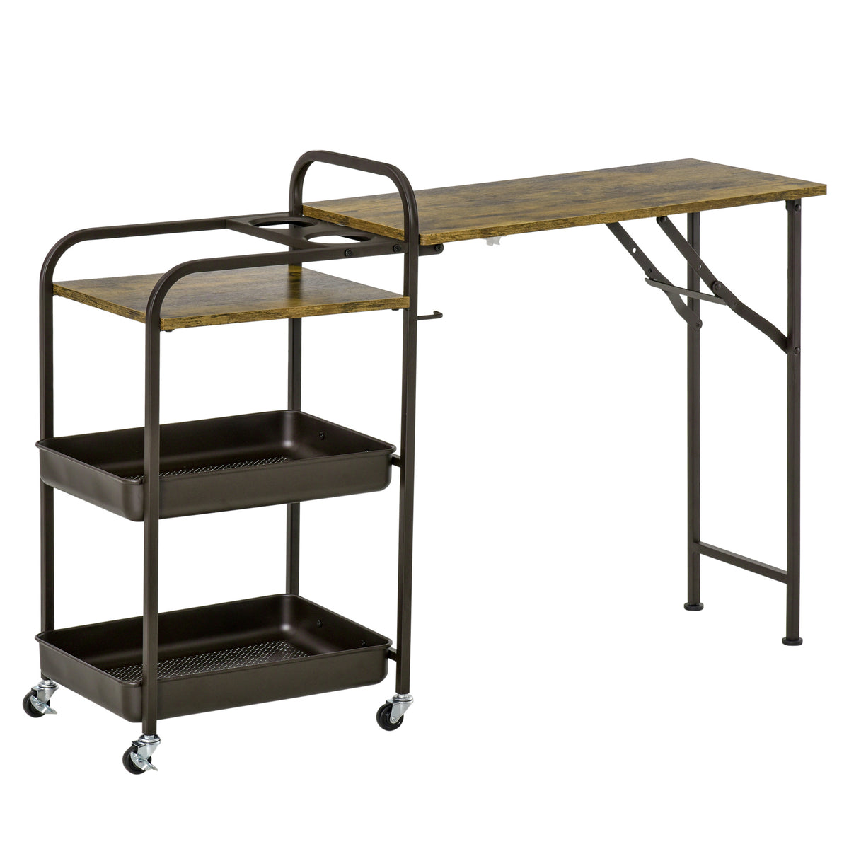 Küchenwagen Küchenrollwagen Servierwagen mit 1 klappbaren Tischplatte 2 Tabletts und 1 offenes Regal Rollen Verstellbare Fußpolster E1-Spanplatte Metall Rustikal-Braun 118 x 36,5 x 82 cm