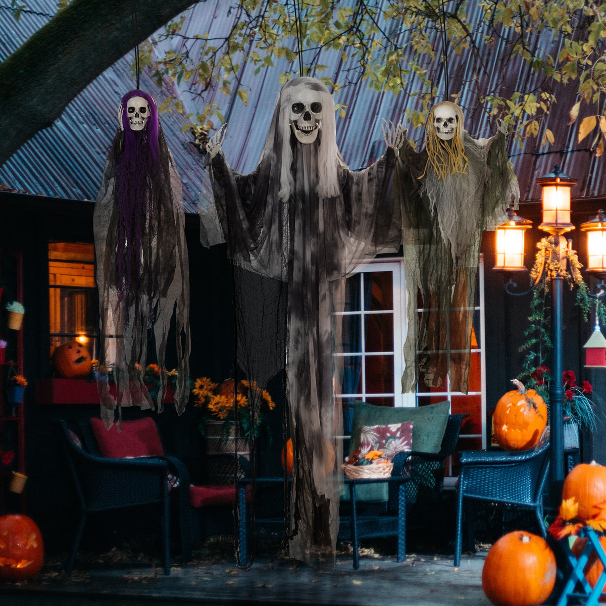 Set of 3 Hanging Skeleton Halloween Decorations, Scary Flying Ghost for Garden, Party, 90/110/170cm