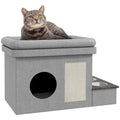 Katzenhaus, Futterplatz mit 2 Edelstahlnäpfen, Kratzmatte, weiches Liegekissen, 78 x 48 x 49,5 cm, grau