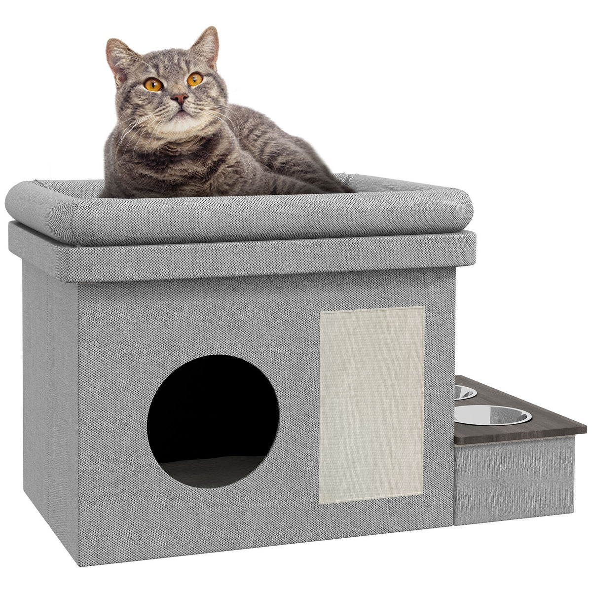 Katzenhaus, Futterplatz mit 2 Edelstahlnäpfen, Kratzmatte, weiches Liegekissen, 78 x 48 x 49,5 cm, grau