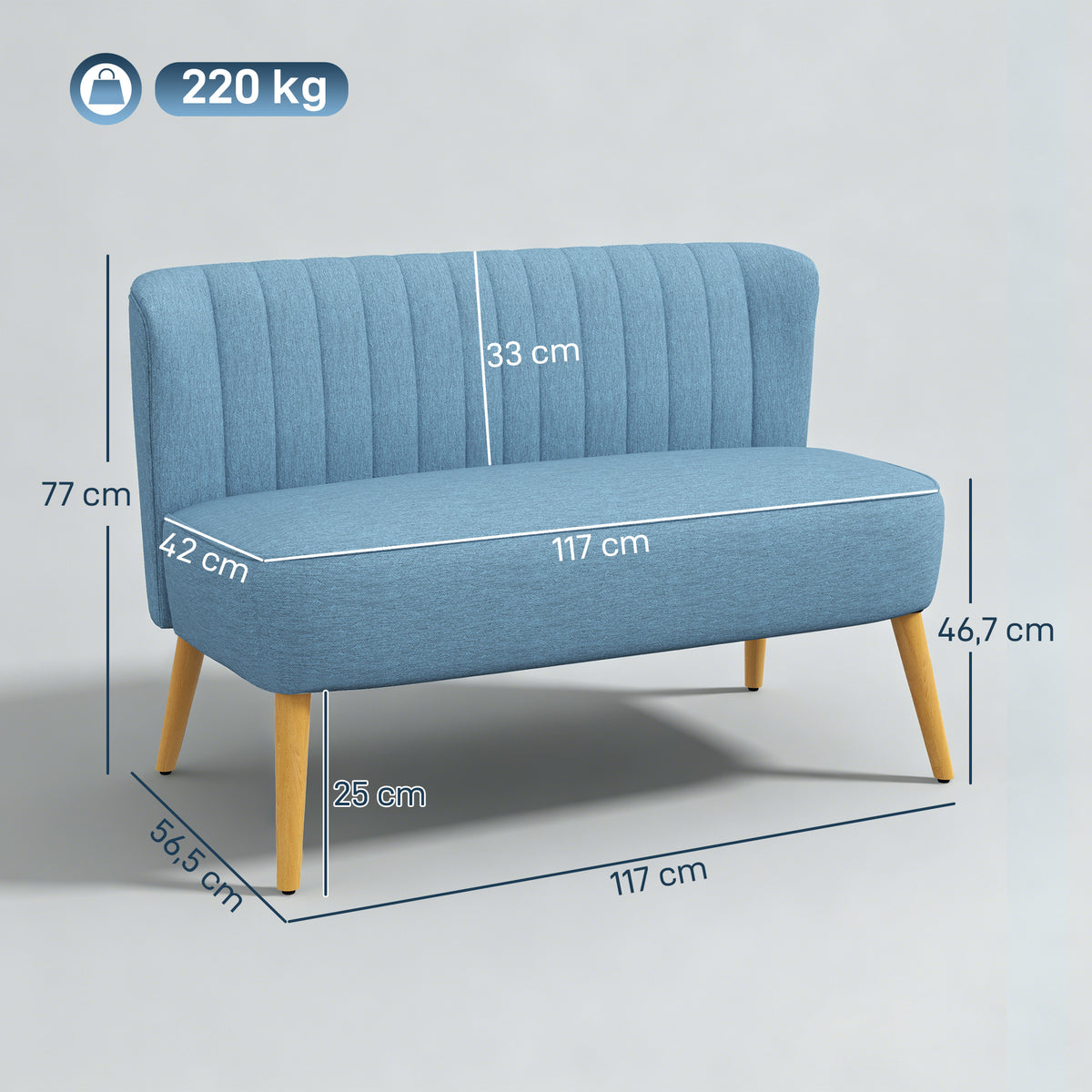 2-Sitzer Sofa, weiche Polsterung, pflegeleichter Bezug, bis 220 kg, 117 x 56,5 x 77 cm, Blau