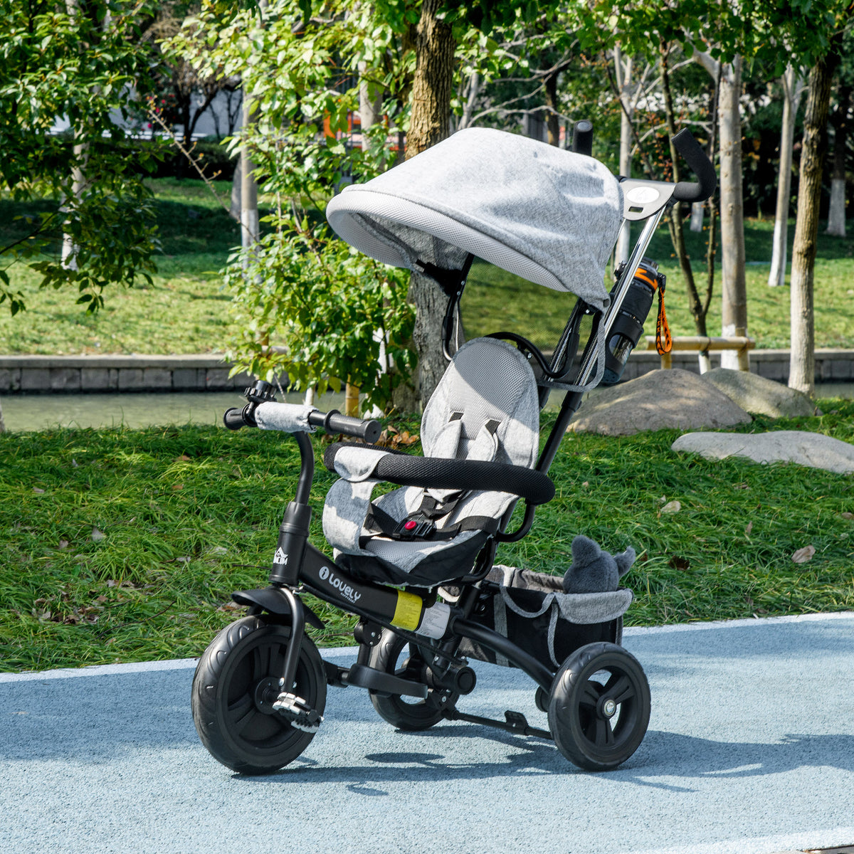 6 in 1 Kids Trike Push Bike w/ Push Handle, Canopy, 5-point Seat Belt, Storage, Footrest, Brake, for 1-5 Years, Grey