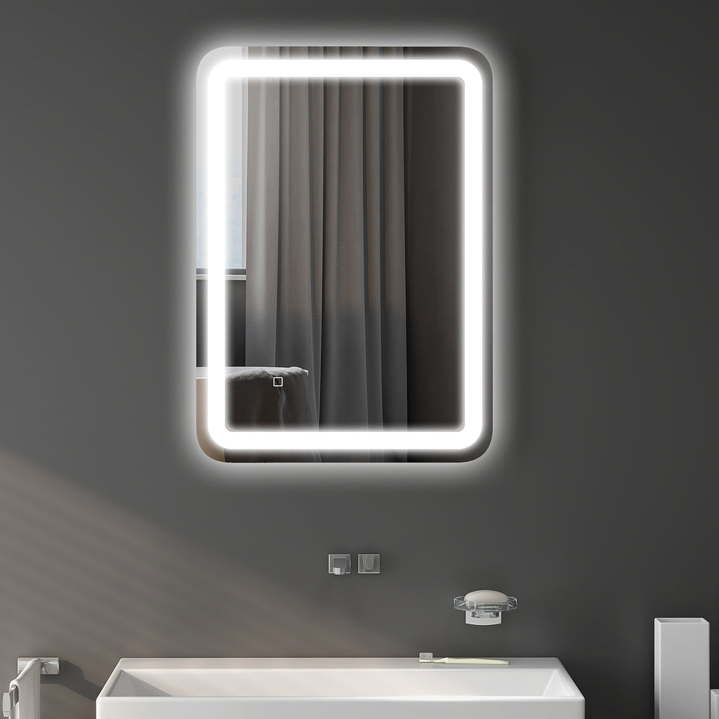 Badezimmerspiegel, beleuchtet, Touch-Steuerung, beschlagfrei, dimmbar, 3 Lichtfarben, 70x90, Silber