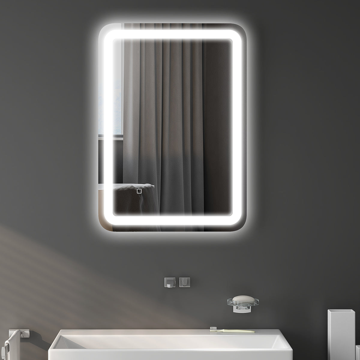 Badezimmerspiegel, beleuchtet, Touch-Steuerung, beschlagfrei, dimmbar, 3 Lichtfarben, 50x70, Silber