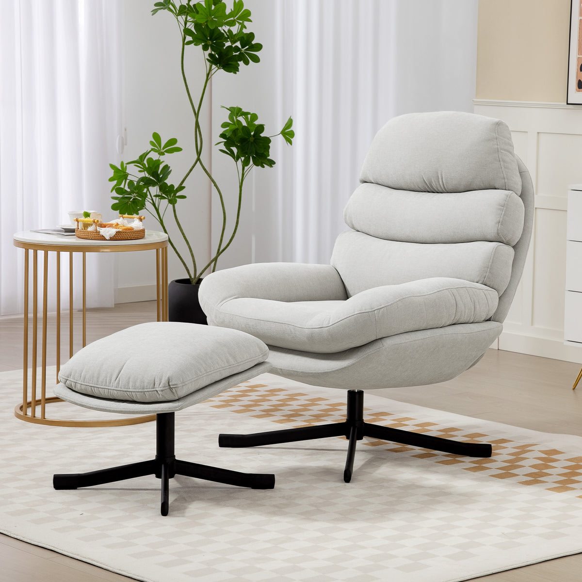 Relaxsessel mit Hocker Sessel Loungesessel mit Chenille-Stoff, Modern Fernsehsessel, 78 x 93 x 100 cm, Cremeweiß