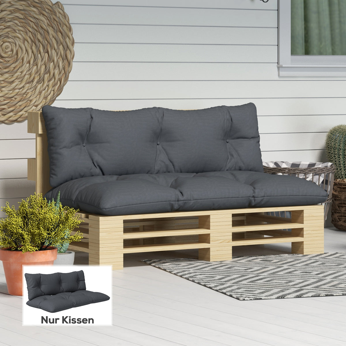 2 teilige Polsterauflage Gartenmöbelsitzkissen Sitzauflage, wetterbeständig, Knopfheftung, 120 x 60 x 15 cm, Grau