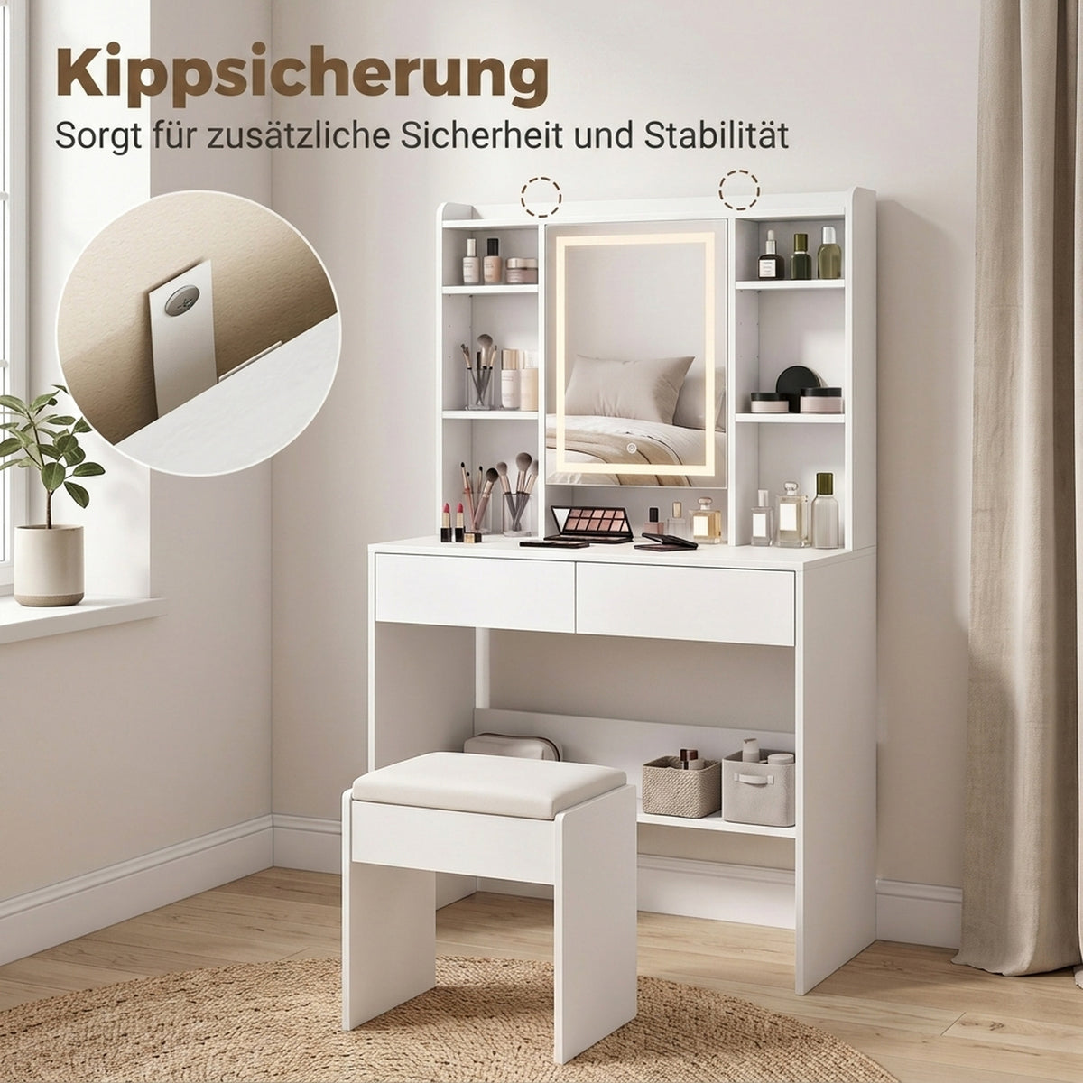 Schminktisch mit Spiegelschrank, LED-Beleuchtung, 2 Schubladen, Weiß