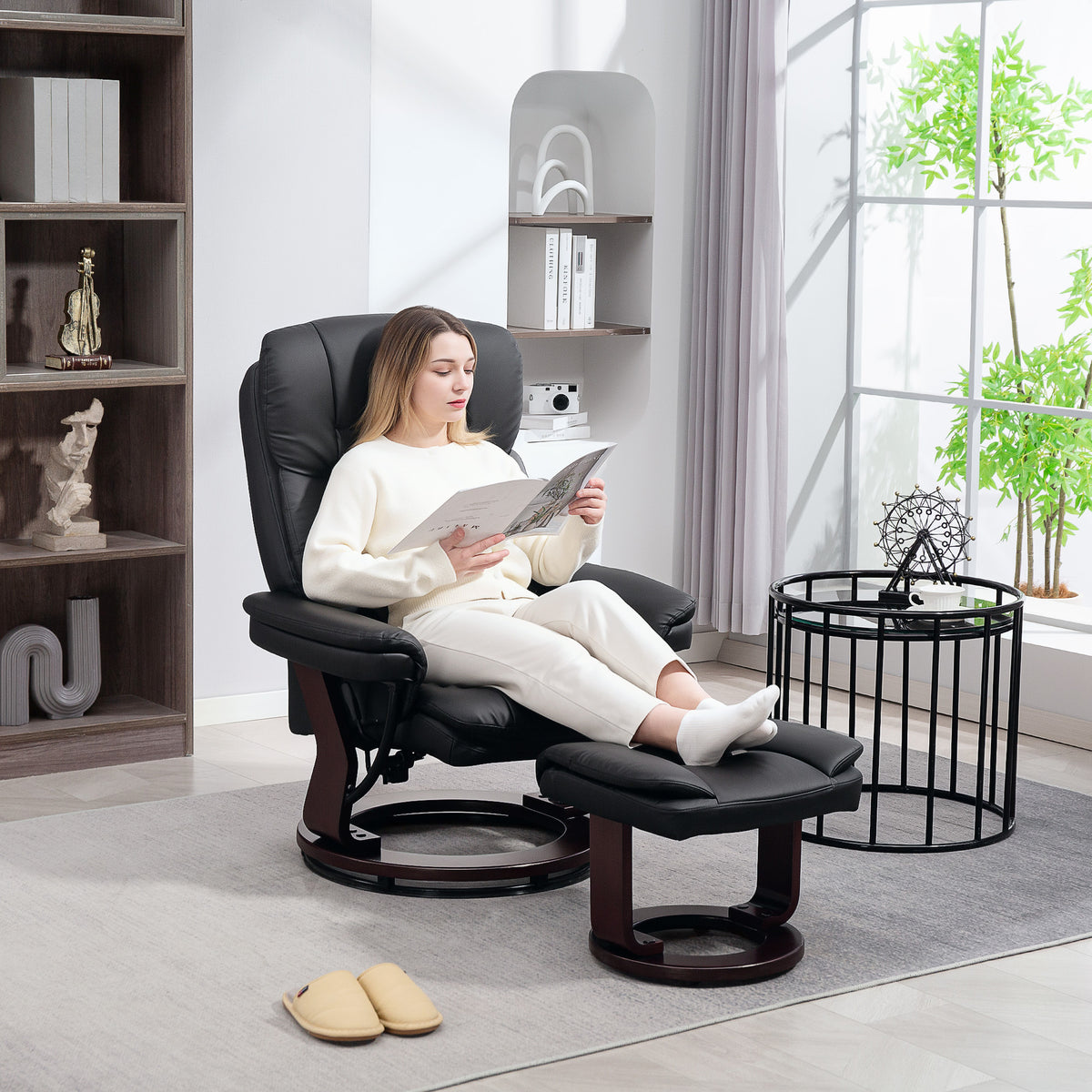 Relaxsessel mit Fußhocker, Verstellbarer Sessel, Kunstleder-Bezug, Polstersessel mit klappbarer Rückenlehne, Schwarz