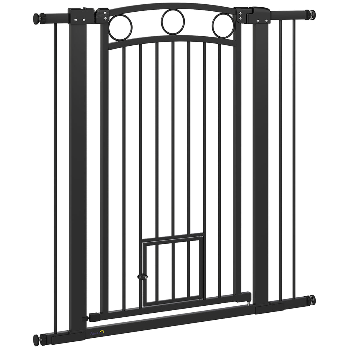 106 cm hohes Haustiergitter mit anpassbarer Breite, integrierte Katzentür, für Treppen und Türrahmen, Schwarz