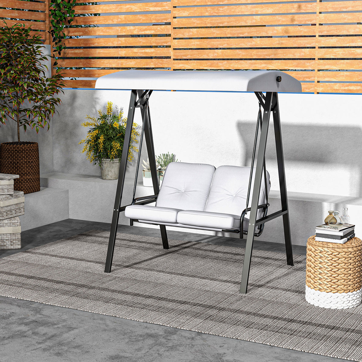 Two-Seater Garden Swing Bench, with Adjustable Canopy - Light Grey