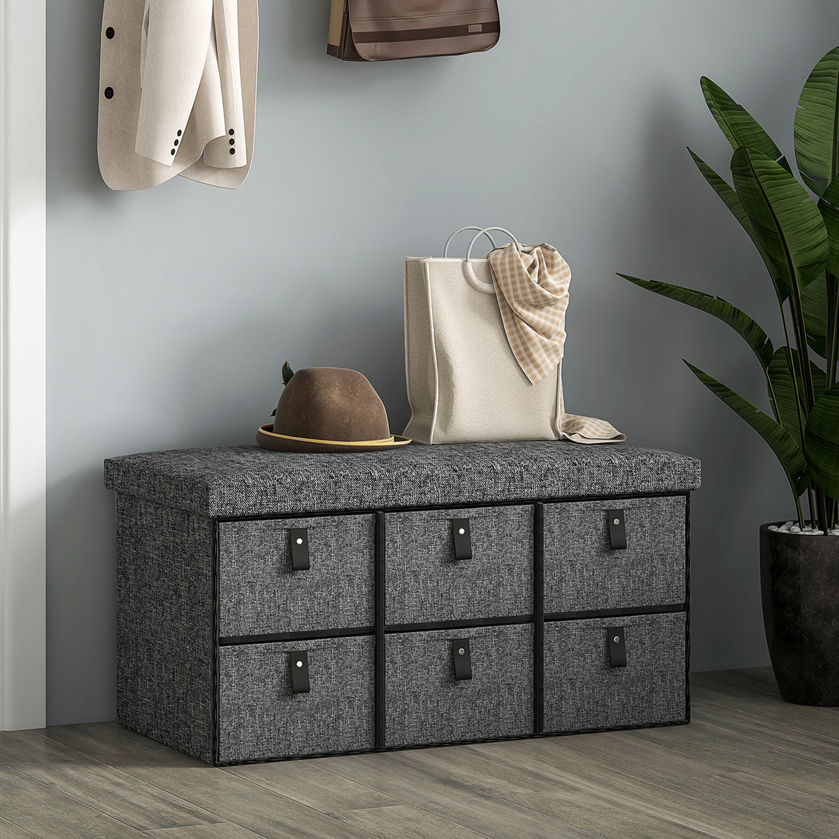 Gepolsterte Schuhbank, 6 Schuhfächer, MDF-Rahmen, Leinenoptik, Grau