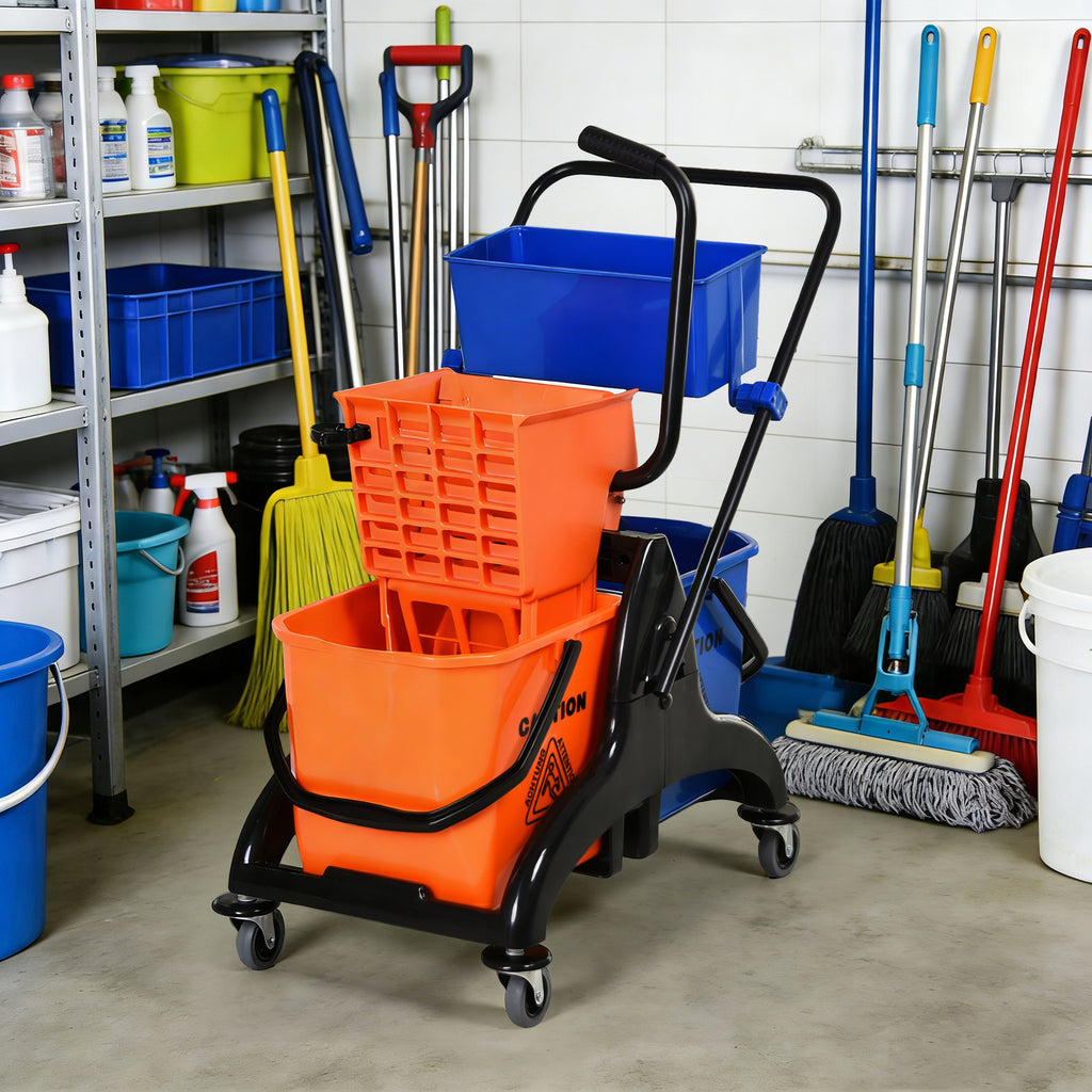 Reinigungseimer, Wischmoppeimer, rollbar, 26 Liter, Kunststoff, Metall, Orange