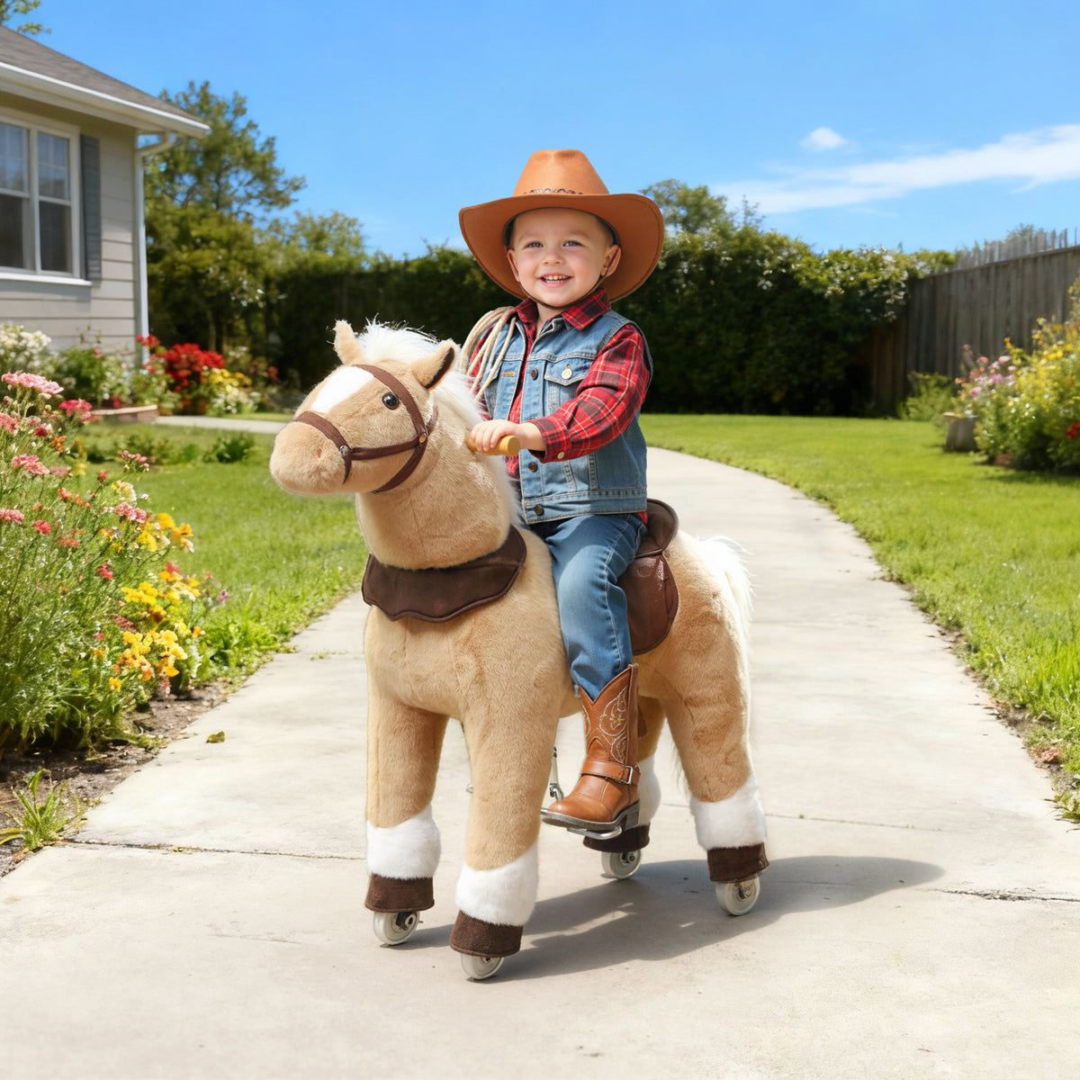 Reitpferd mit Sattel Rollen für Kinder 3-5 Jahre 80 cm Braun