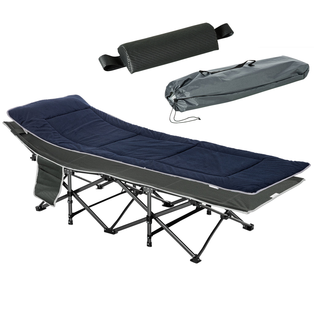 Campingbett, klappbares Feldbett mit Kopfkissen, 188 x 64,5 x 53 cm, Dunkelblau+Grau