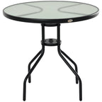  80 cm Round Garden Dining Table with Parasol Hole for 4, Outdoor Coffee Bistro End Side Table with Tempered Glass Top and Steel Frame for Patio, Porch, Black