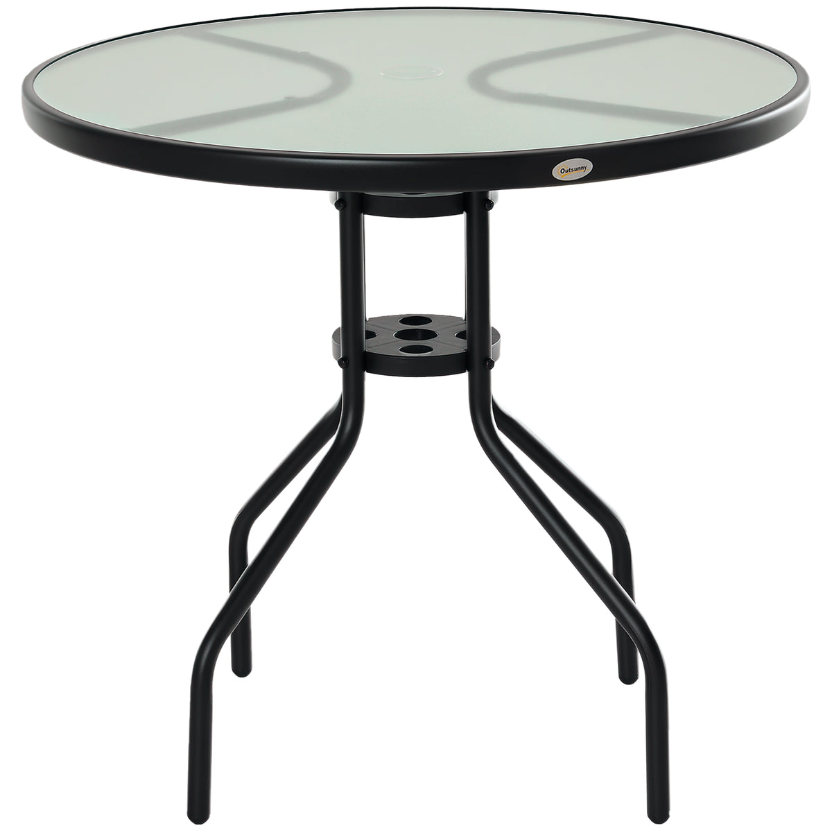  80 cm Round Garden Dining Table with Parasol Hole for 4, Outdoor Coffee Bistro End Side Table with Tempered Glass Top and Steel Frame for Patio, Porch, Black