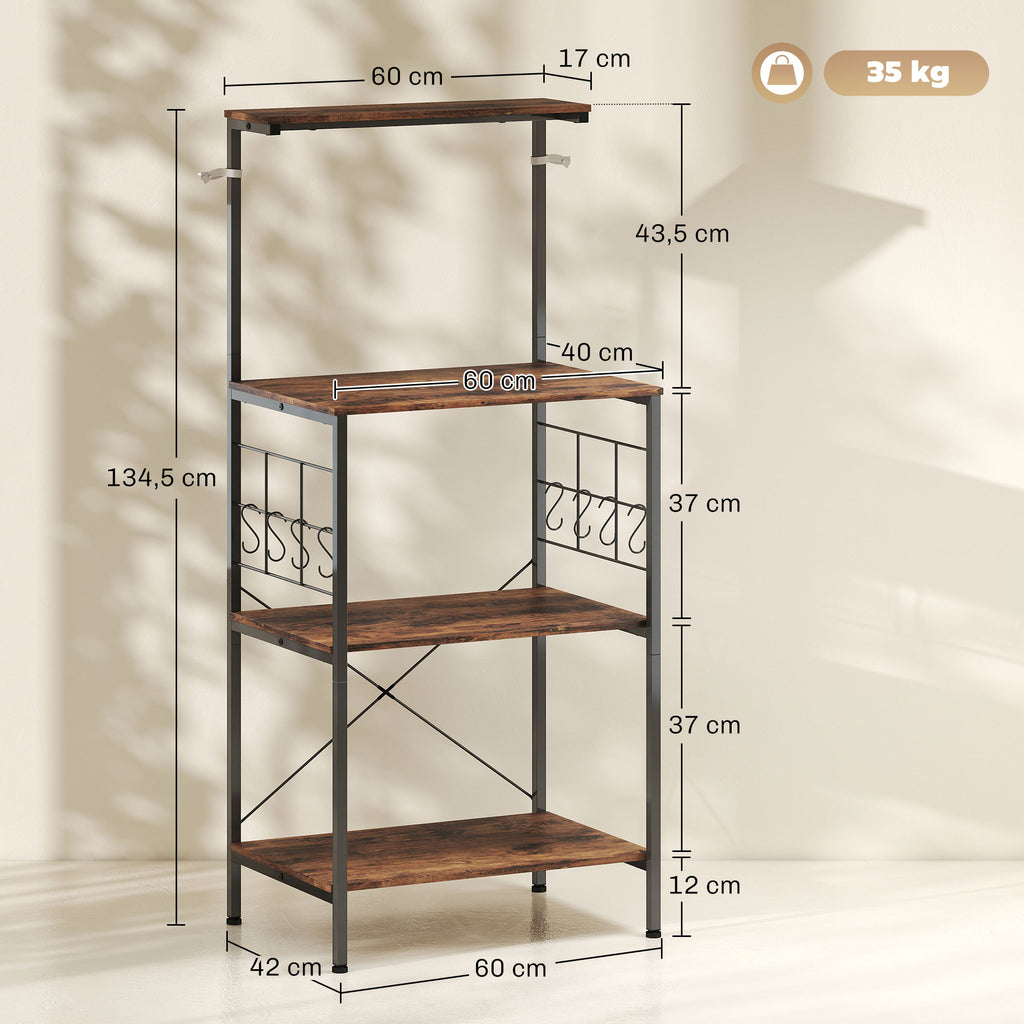 K¨¹chenregal, 4-stufiges Design, Arbeitsplatte, 8 Haken, Metallrohre, Braun+Schwarz
