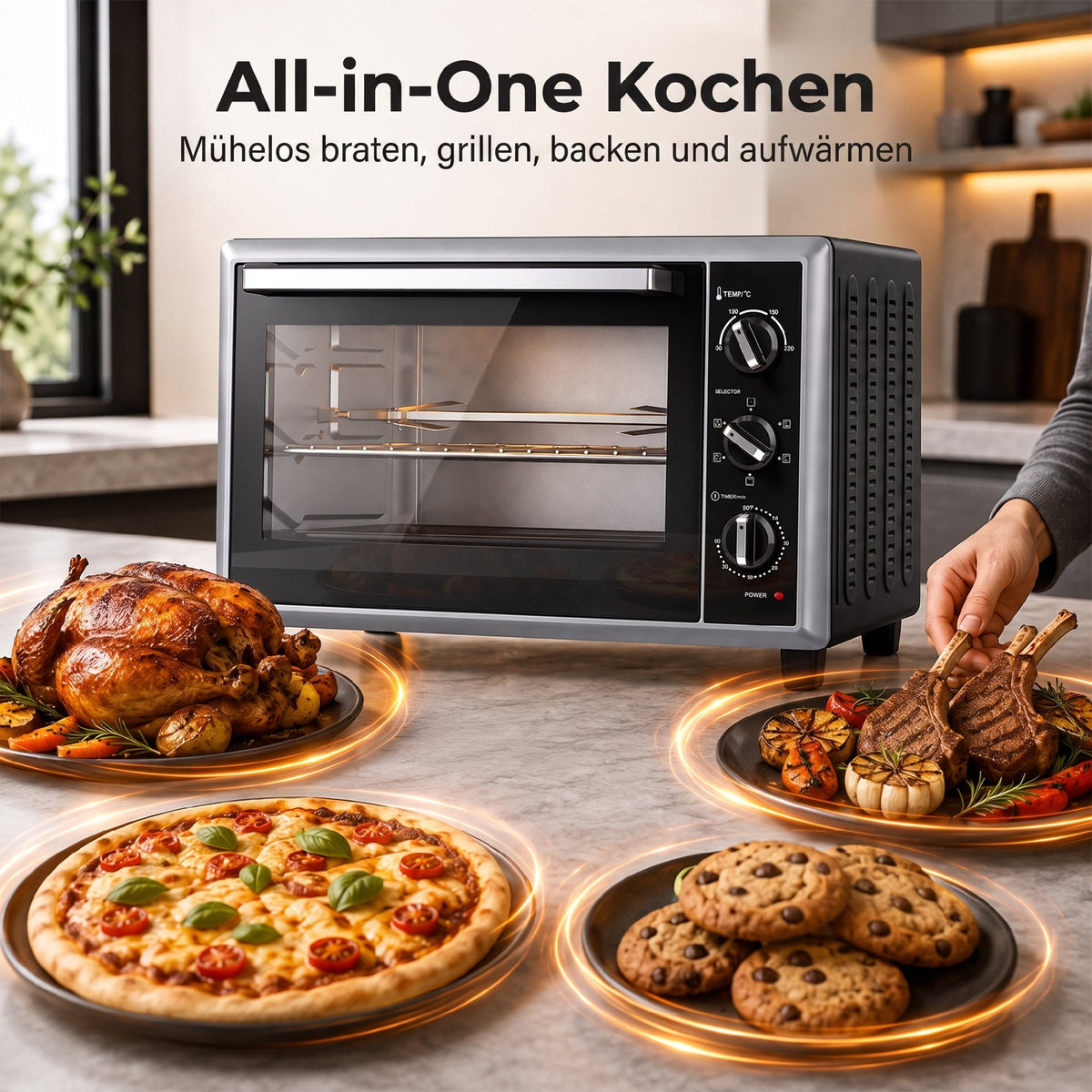 46 L Mini-Backofen mit Drehspieß, Umluft, Temperaturregelung und Timer, 1800 W, Schwarz