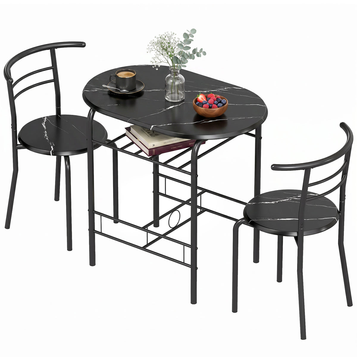 Essgruppe 3-teilig, Küchentisch und Stühle für 2 Personen mit Regal, Wohnzimmer, schwarze Marmor-Optik