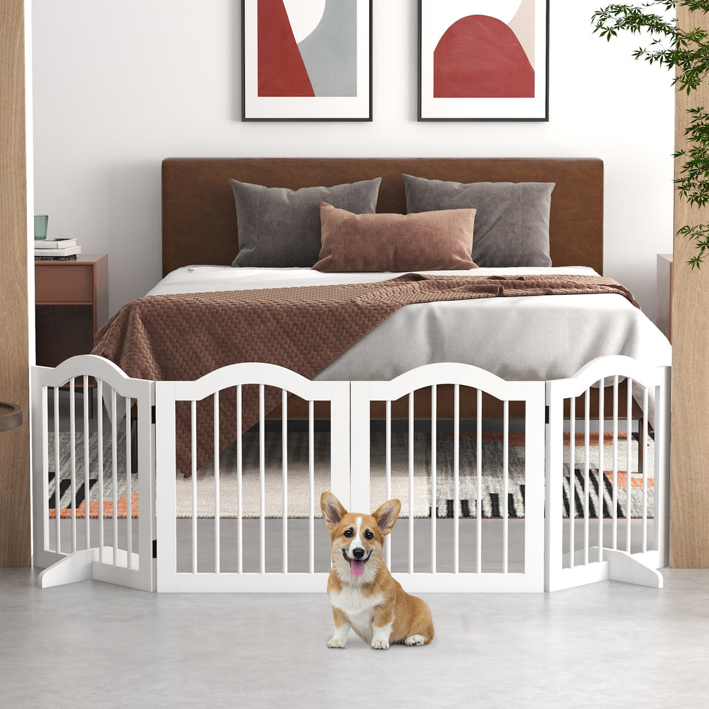 Faltbares Hunde-Absperrgitter, 4 Paneele, für Treppen, Flure, Türen, MDF/Massivholz, Weiß
