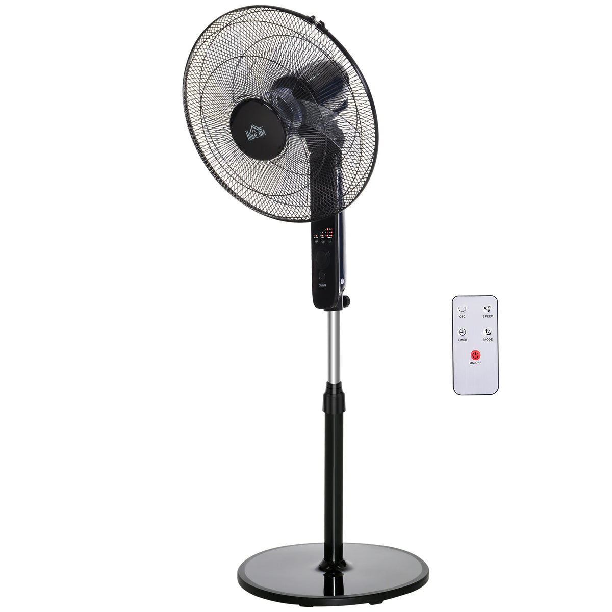 Standventilator mit Fernbedienung, Ventilator, Höhenverstellbarer Lüfter, 3 Geschwindigkeitsstufen, Verstellbarer Neigungswinkel, Metall, Schwarz, Ø44,5 x H110-124 cm