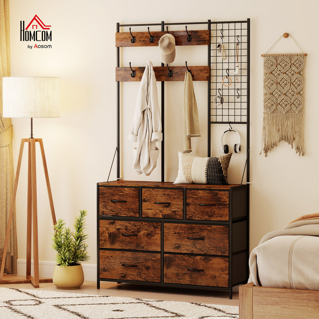 Garderobenständer, Kleiderständer mit Stoff-Schublade, 14 Haken für Flur, Schlafzimmer, Rustikal-Braun, Höhe 183 cm