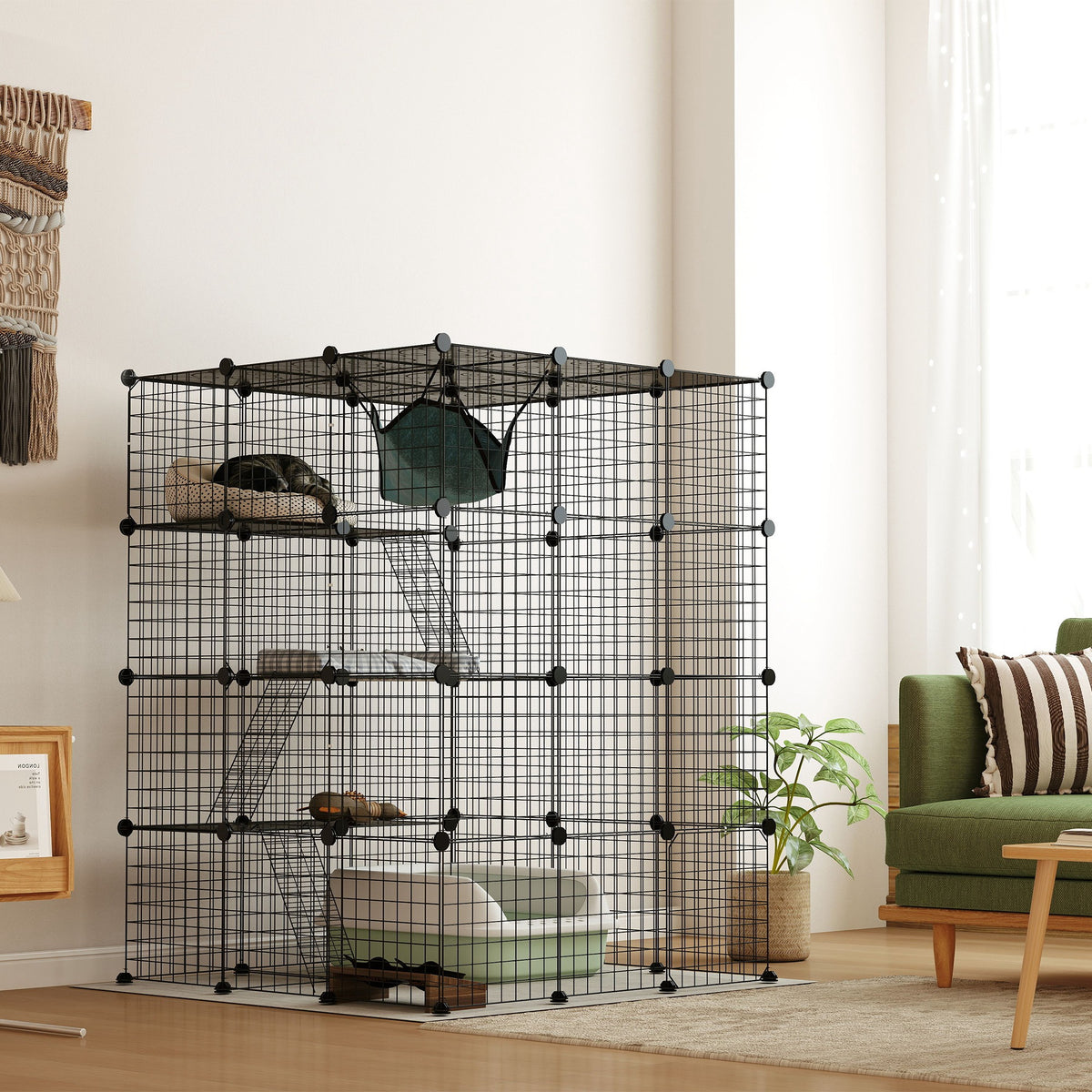 Steel Wire Cat Cage Indoor with Hammock, Ramps, Doors, DIY Cat Enclosure for 1-3 Cats, Black