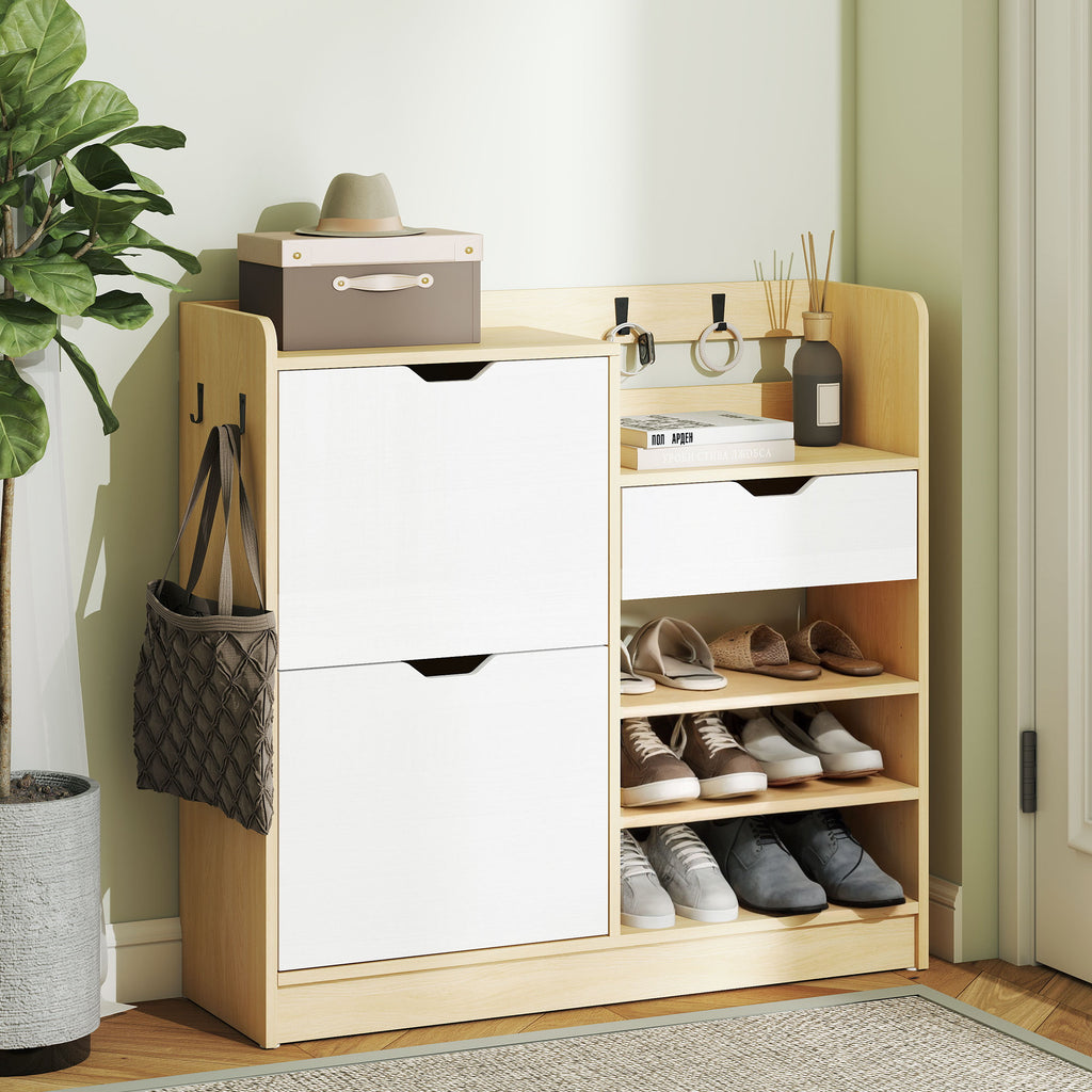 Schuhregal f¨¹r Flur, Schuhschrank mit Kippschubladen, offenen Regalen, 4 Haken, f¨¹r bis zu 14 Paar Schuhe, Natur