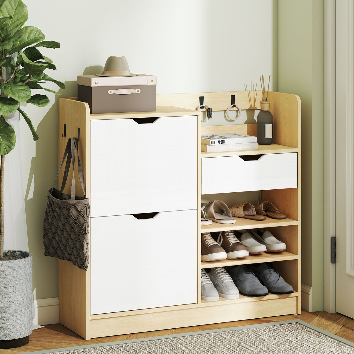 Schuhregal f¨¹r Flur, Schuhschrank mit Kippschubladen, offenen Regalen, 4 Haken, f¨¹r bis zu 14 Paar Schuhe, Natur