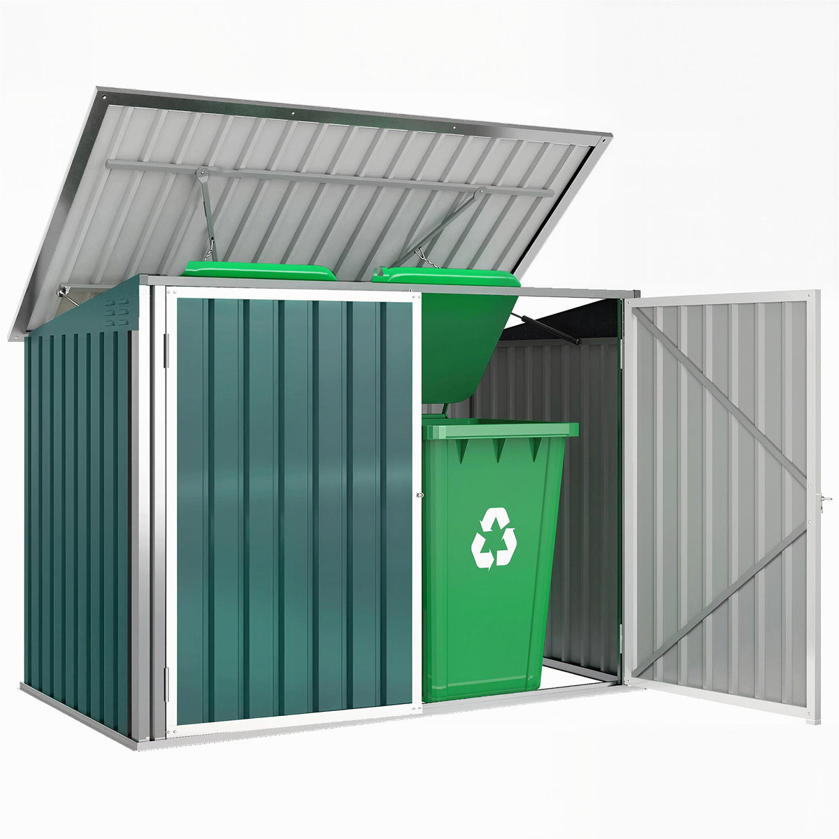 Mülltonnenbox Müllbox abschließbar Gerätebox mit Doppeltür Deckel für 2 Mülltonnen Stahl 179,5 x 108 x 129,5/113 cm Grün