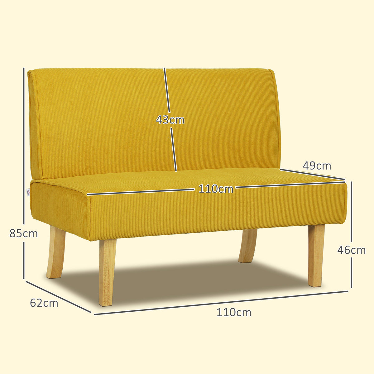 Zweisitzer-Sofa mit Cord-Bezug, dicker Polsterung und soliden Holzbeinen f¨¹r Wohnzimmer, Schlafzimmer, B¨¹ro, Gelb