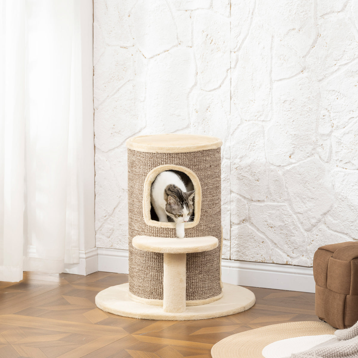 Katzenfass, Kratzbaum mit 2 Ebenen, Sprungplattform, Aussichtspunkt, Kratzmatte, zum Ausruhen und Spielen, Beige