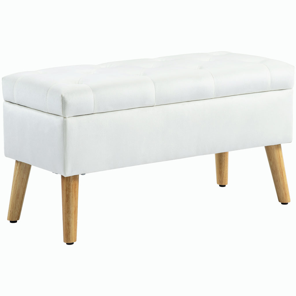 Polsterbank mit Stauraum, Stoffbezug in Samtoptik, Holzbeine, für Wohnzimmer, Schlafzimmer, Flur, 80 x 35 x 42 cm, Weiß