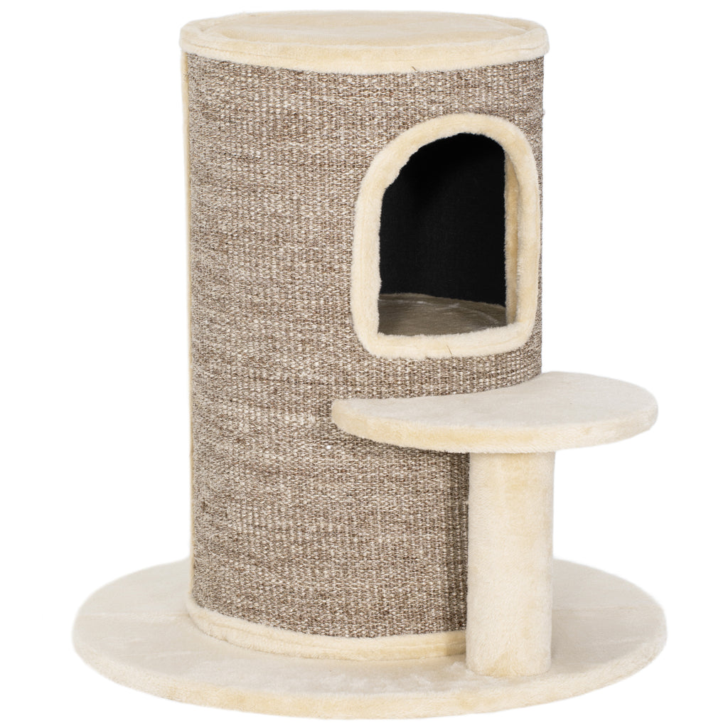 Katzenfass, Kratzbaum mit 2 Ebenen, Sprungplattform, Aussichtspunkt, Kratzmatte, zum Ausruhen und Spielen, Beige