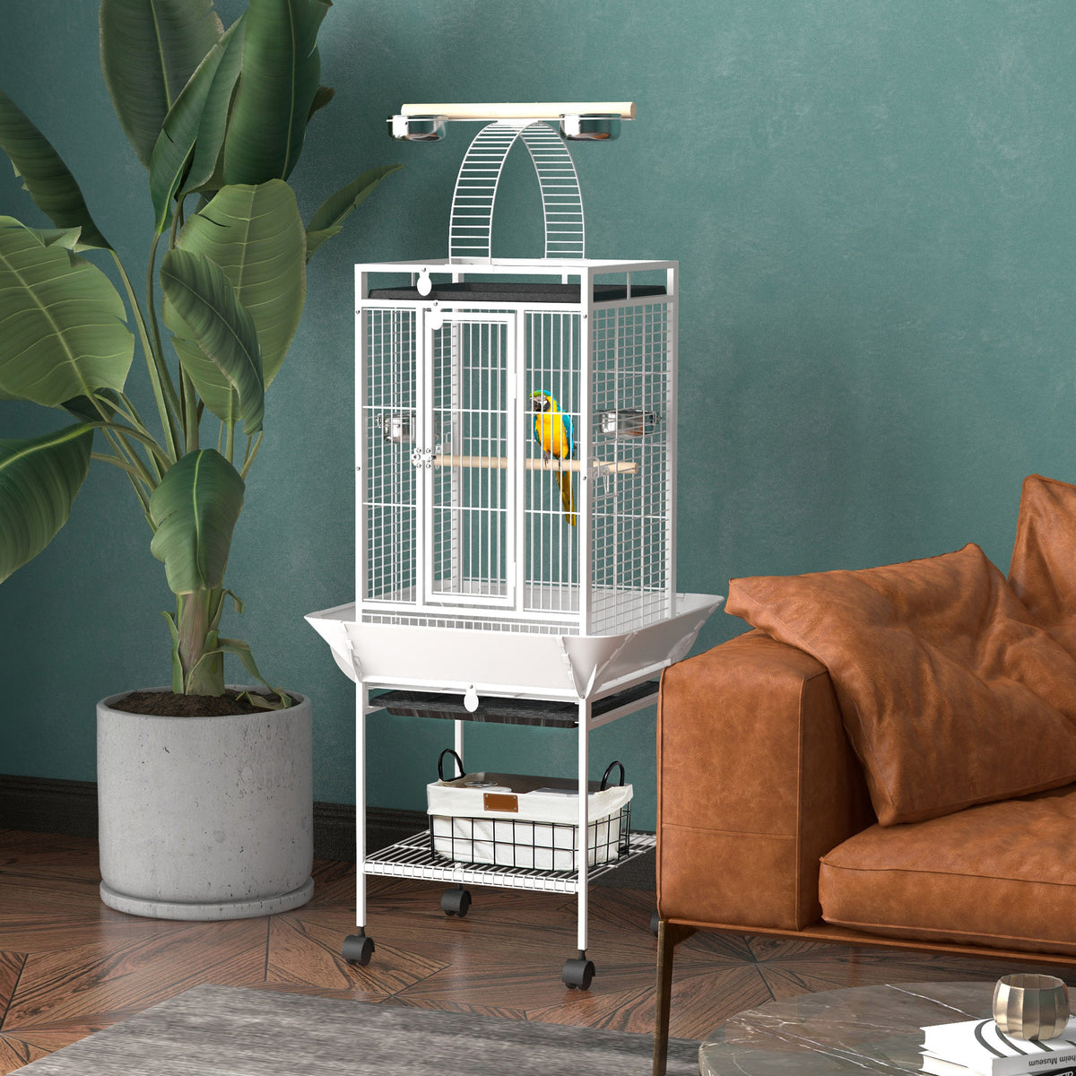Vogelkäfig, Papageienkäfig mit 3 Türen, 2 Sitzstange, 360° Rollen, Futternapf, Ablage, Freisitz, 62,5x62,5x156cm, Weiß