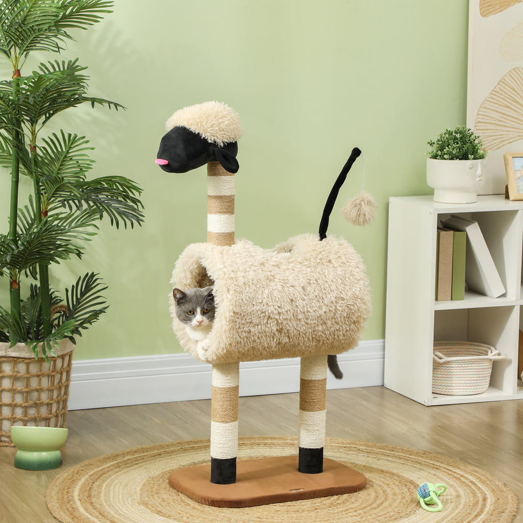 Katzenbaum im Schaf-Design, mit Kratzpfosten, Tunnel und Spielzeug, 98 cm, Hellbraun