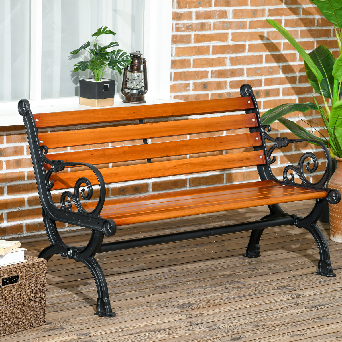 Sitzbank für 2 Personen, dekorative Armlehnen, für Garten & Terrasse, Gussaluminium+Naturholz, 120 x 64 x 79 cm, Teak