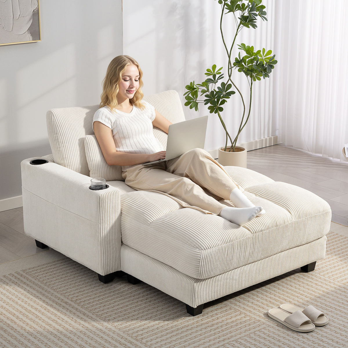 Sofa-Bett mit Kissen, Schaumstoff, zum Bett umwandelbar, Becherhalter, Cremewei?