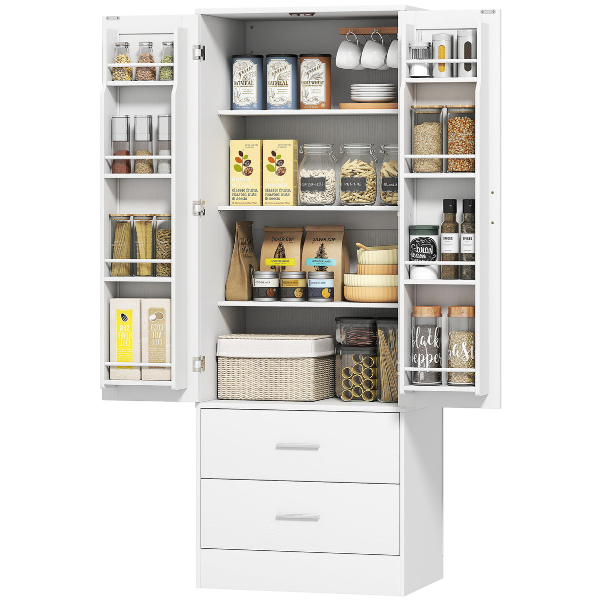 159 cm K¨¹chenschrank, verstellbare Regale, 2 Schublade, f¨¹r K¨¹che, Esszimmer, Spanplatte, MDF, Wei?