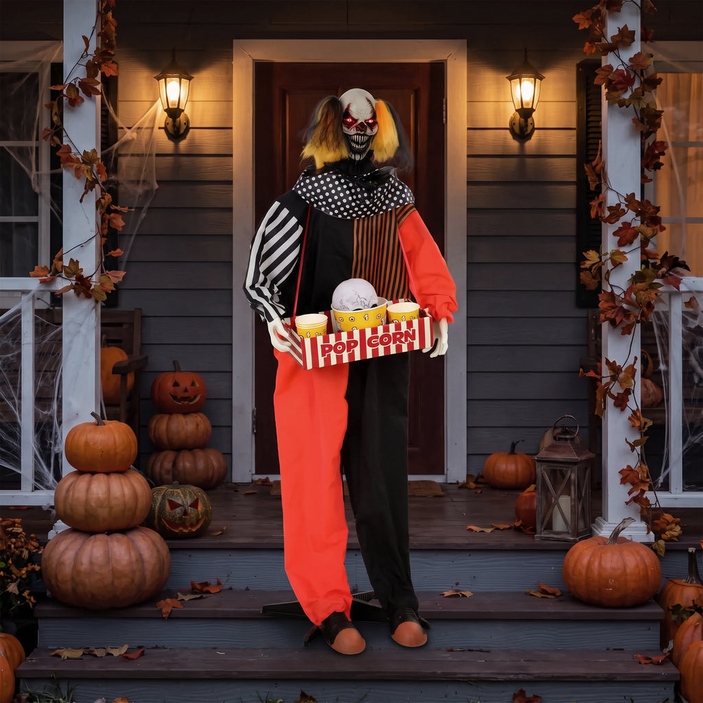 Animierter Halloween-Popcorn-Clown mit hochschnellendem Kopf, Grusel-Sound, Jahrmarktmusik und leuchtenden Augen