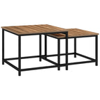 Satztisch-Set aus 2 Beistelltischen, Industrial Design, schwarzer Stahlrahmen, Tischplatte in Holzoptik