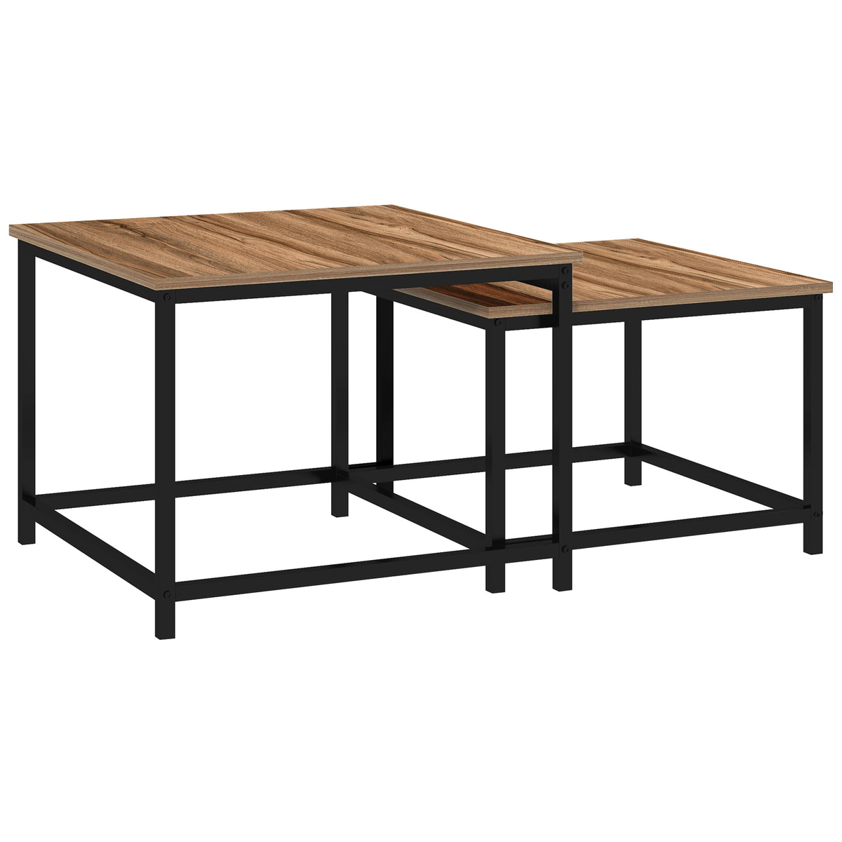Satztisch-Set aus 2 Beistelltischen, Industrial Design, schwarzer Stahlrahmen, Tischplatte in Holzoptik