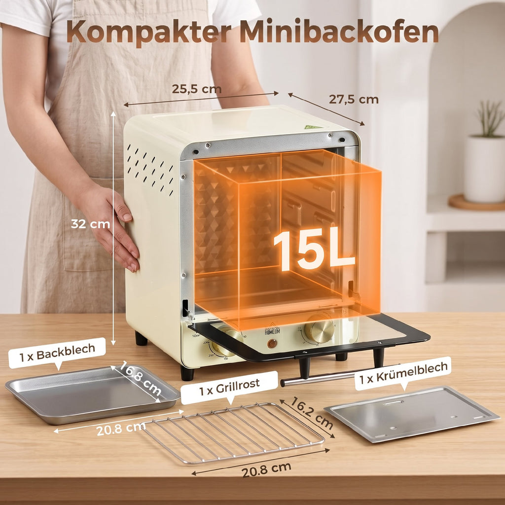 Mini Ofen 15L Fassungsverm?gen, h?henverstellbares Backblech und Gitterrost, 1000W, Cremewei?