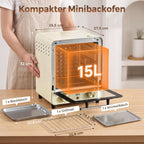 Mini Ofen 15L Fassungsverm?gen, h?henverstellbares Backblech und Gitterrost, 1000W, Cremewei?