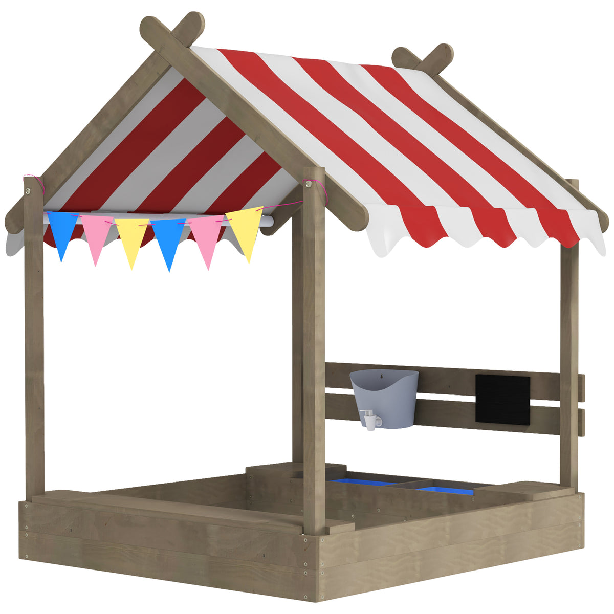 House-Designed Wooden Sandbox, Outdoor Sandpit, with Blackboard, Toys, Sink, Seats, Flags, for Ages 3-7 Years - Grey